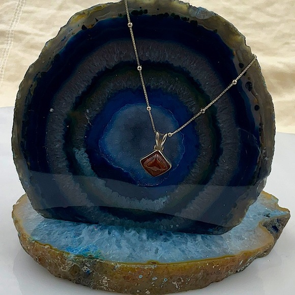 Vtg.18”Italian Sterling Silver Necklace W/Diamond Shaped Amber Gemstone Pendant - Picture 6 of 9